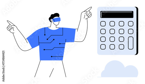 Man wearing VR headset pointing at a floating calculator, suggesting tech, finance, and innovation. Ideal for technology, finance, virtual reality, computation, futuristic concepts analytics simple