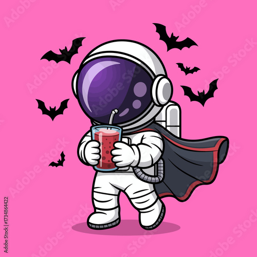 An adorable astronaut walking while enjoying a beverage, set against a vibrant pink background filled with playful bats, representing fun and imagination in outer space.