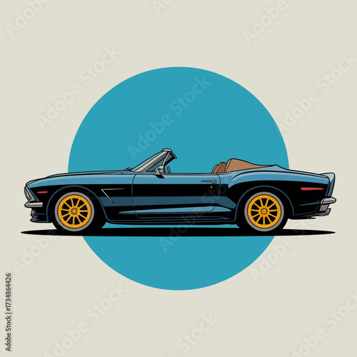 A sleek black convertible car displayed against a bold blue circle symbolizes freedom and adventure, appealing to auto enthusiasts and fans of classic sporty designs.