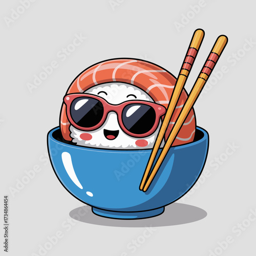 This fun illustration depicts a smiling sushi roll wearing sunglasses, set in a blue bowl, bringing a cheerful and humorous twist to culinary art.