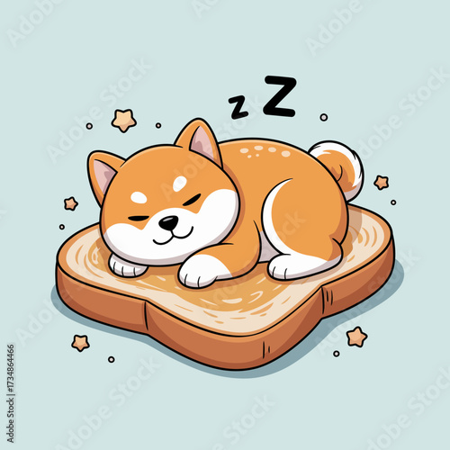 This delightful illustration features an adorable Shiba Inu peacefully napping on a slice of toast, combining cuteness with a playful culinary twist. Perfect for dog lovers.