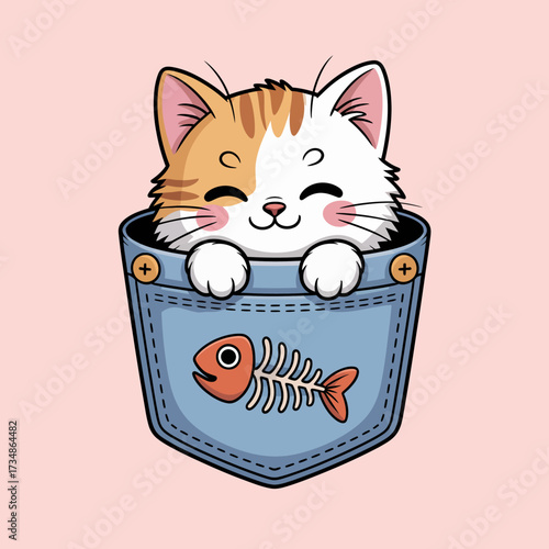 This adorable image showcases a smiling kitten peeking out of a pocket, featuring a fishbone graphic, evoking cuteness and playfulness in a whimsical, fun art style.