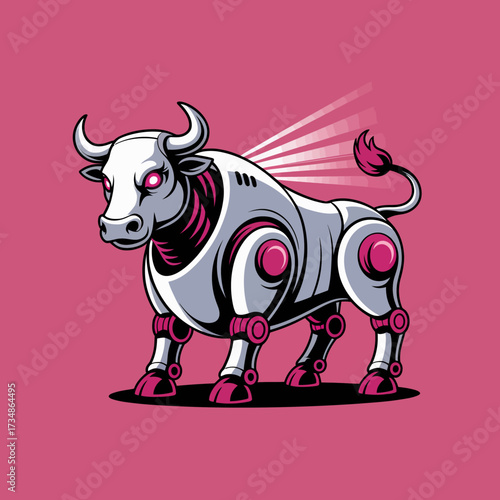 An innovative robotic bull with metallic and pink features stands out with sleek design elements, emphasizing futuristic technology against a pink backdrop.