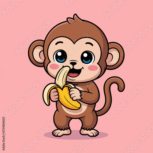 This adorable cartoon monkey is happily nibbling on a banana, bringing joy and playfulness to any design. Perfect for children's themes and joyful imagery.