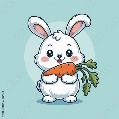 A cute white bunny cheerfully holds a vibrant carrot, symbolizing freshness and innocence. The image captures the charm of small animals and their delightful nature.