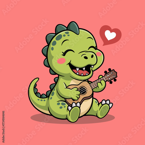 A cute green dinosaur is joyfully singing while playing a ukulele, spreading happiness and charm, perfect for kids' themes and cheerful illustrations.