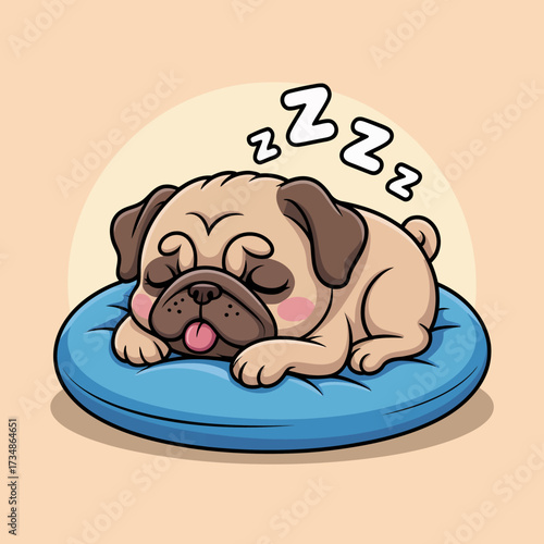 A sleepy pug curled up on a cozy blue cushion, embodying relaxation and contentment, showcasing the charm of pets at rest in a warm and cozy environment.