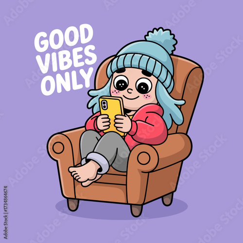 A cozy illustration of a young girl relaxing in an armchair while using her smartphone, embodying comfort and digital connection in a warm home setting.