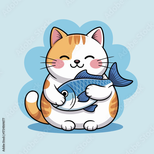 An adorable chubby cat is happily clutching a large fish, illustrating the joy of companionship and the love of pets, ideal for animal lovers and joyful themes.