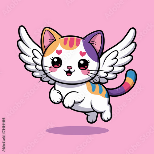 A cute cat with colorful wings and heart markings joyfully leaping against a pink background, representing love, fantasy, and playful imagination.