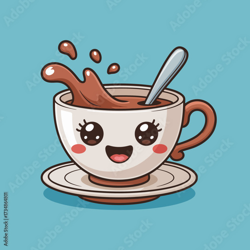 This cheerful illustration of a smiling coffee cup with a splash captures the essence of coziness and warmth associated with enjoying a delightful beverage in everyday life.