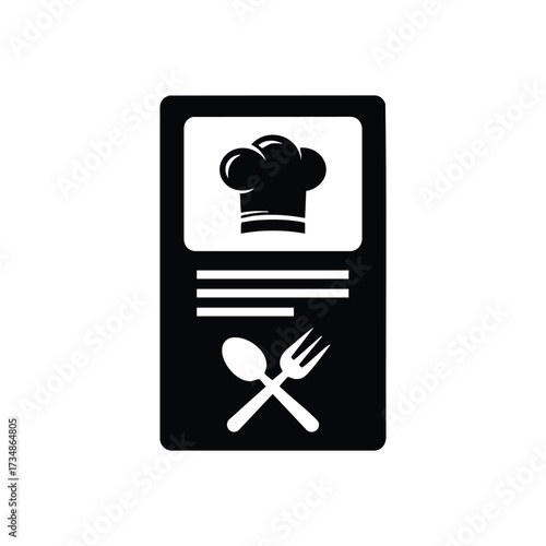 Gourmet restaurant menu with chef hat and cutlery symbols highlighting culinary offerings and dining experience