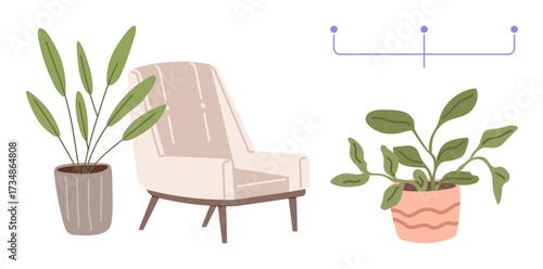 Comfortable armchair with two potted green plants and geometric design, evoking a calm, modern aesthetic. Ideal for home decor, interior design, minimalism, relaxation, greenery, lifestyle simple