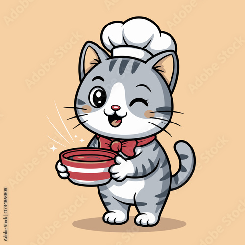 This charming illustration features a cheerful cat in a chef's hat, holding a bowl of soup, radiating happiness and warmth, appealing to food lovers and cat fans alike.