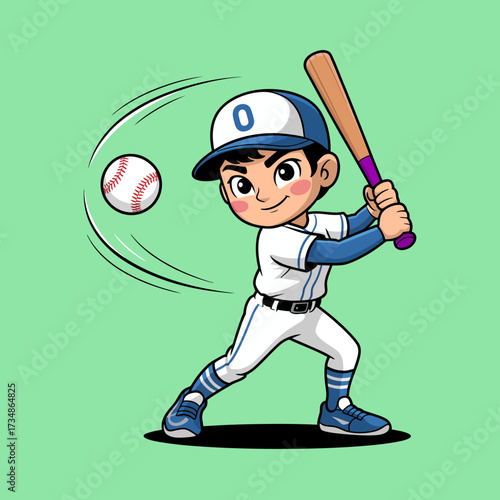 A young boy in a baseball uniform swings his bat energetically, portraying excitement and focus in a fun, colorful design that appeals to sports enthusiasts and children.