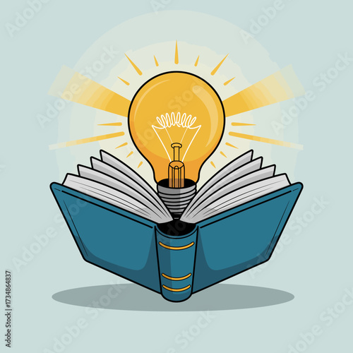 An open book with a glowing light bulb emerging from it symbolizes knowledge, creativity, and inspiration, ideal for educational themes and personal development.