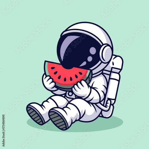 An adorable astronaut floating in a space-themed setting while munching on a slice of watermelon portrays a whimsical take on exploration and the joy of the unknown.