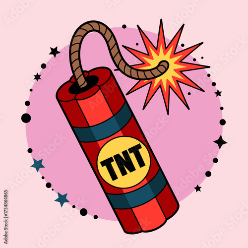 This bold illustration depicts a stick of TNT with a lit fuse, symbolizing explosive energy and excitement, ideal for adventure-themed graphics and projects.