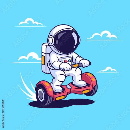 This playful illustration features an astronaut joyfully riding a hoverboard, soaring through a bright blue sky filled with whimsical clouds in a fun atmosphere.