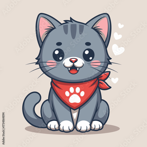 A cute gray cat wearing a red bandana sits with a charming smile, surrounded by floating hearts, representing warmth, affection, and the bond between pets and their owners.
