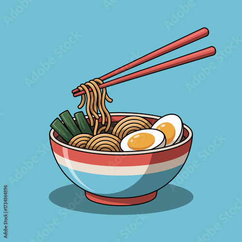 A bowl of scrumptious noodles topped with eggs and green onions highlights the culinary beauty and diversity of food, inviting cravings and happiness towards meal times.