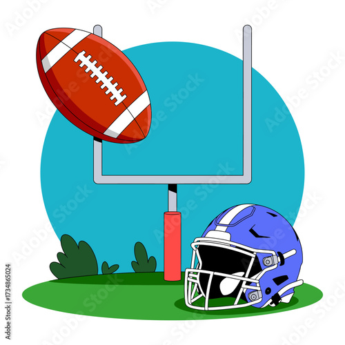 This image features a classic football helmet and a ball soaring towards the goal post, encapsulating the excitement and energy of American football in a vibrant style.