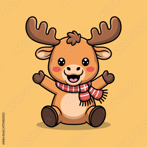 An endearing illustration of a baby moose wearing a scarf, spreading cheerful vibes through its playful expression, perfect for evoking warmth and happiness in viewers.