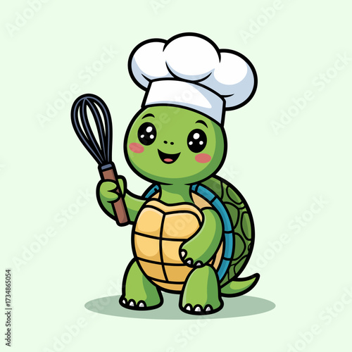 An adorable turtle wearing a chef's hat cheerfully holds a whisk, embodying the joy and creativity of cooking while bringing a whimsical touch to the kitchen.
