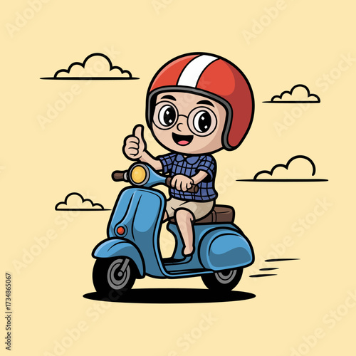 This animated image portrays a cheerful child in a red helmet, riding a blue scooter with a thumbs-up gesture, embodying adventure and the joy of childhood exploration.
