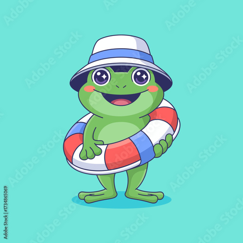 This adorable frog wearing a hat holds a colorful lifebuoy, ready for a day of summer fun at the pool, radiating joy and playfulness in a vibrant setting.