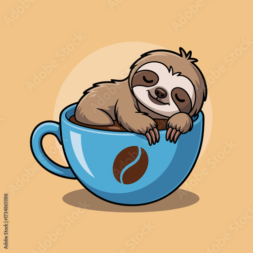 This whimsical image showcases a sloth comfortably nestled in a blue coffee cup, exuding tranquility and playfulness, inviting viewers to relax and appreciate downtime.