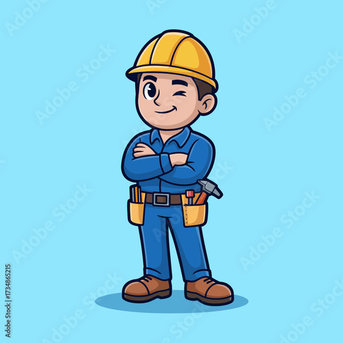 A cheerful illustration of a cartoon construction worker wearing a hard hat and tools, portraying positivity, hard work, and reliability in a fun and engaging way for safety themes.