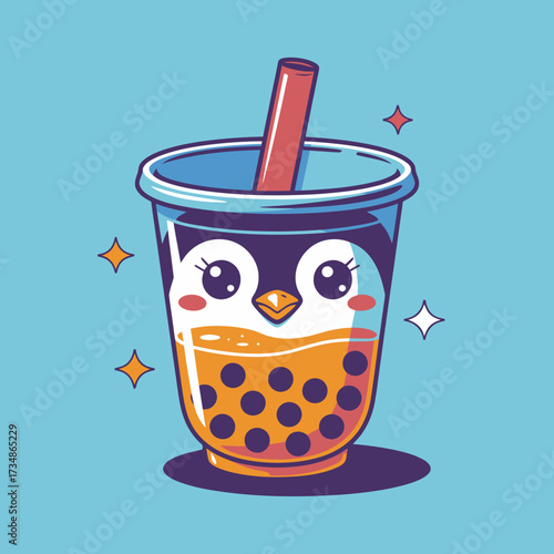 This charming illustration depicts a whimsical bubble tea cup shaped like a cute penguin, complete with a cheerful expression and bright colors that attract attention.