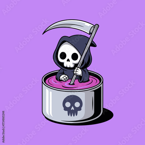 An adorable take on the grim reaper character sitting in a whimsical can filled with pink liquid, blending humor with a playful twist on a classic figure.