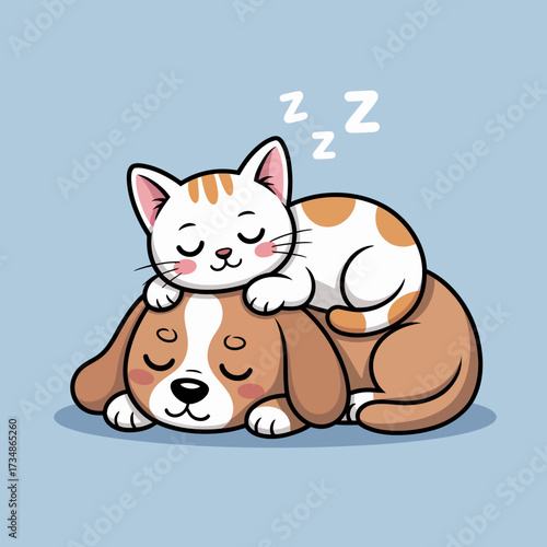 This heartwarming scene features a charming cat peacefully napping atop a sleeping dog, showcasing the loving bond and companionship shared between these adorable pets.