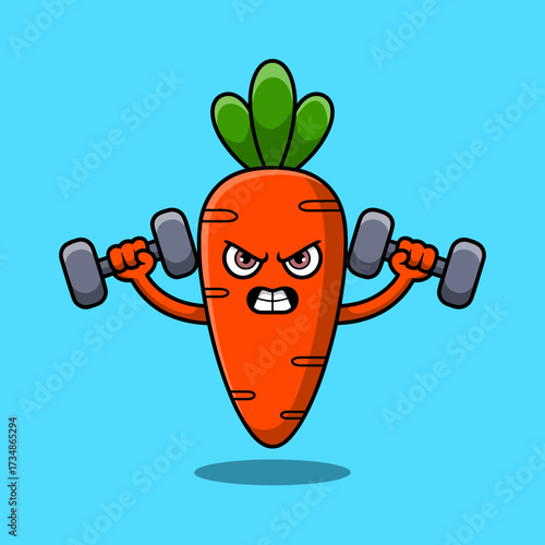 A strong carrot lifts dumbbells, personifying health and fitness in a fun, whimsical manner, inspiring healthy eating and exercise while blending food with athleticism.