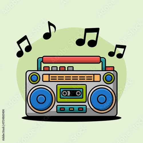 A vibrant boombox with musical notes floating above, representing the fun and nostalgic aspects of music in a playful, cartoonish style that attracts attention.