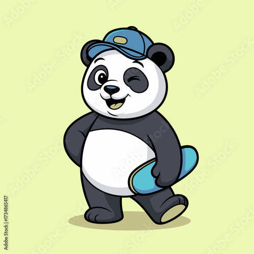This charming panda showcases a fun-loving personality while confidently holding a skateboard, embodying playful energy and creative spirit in a vibrant design.