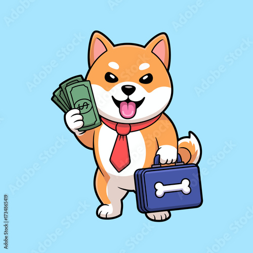 A cheerful Shiba Inu dog dressed in a tie, holding cash and a briefcase, blending playfulness with professionalism, perfect for humor and pet lovers.