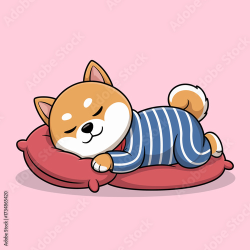 This heartwarming image depicts a sweet Shiba Inu dog peacefully sleeping on a cozy pillow, showcasing tranquility and comfort in a playful, endearing style.