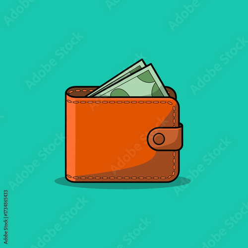 An orange wallet partially opened, revealing cash inside, against a bright turquoise background, symbolizing finance, savings, and personal style.