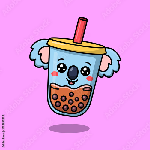 An adorable koala-themed cup filled with boba tea smiles at viewers, embodying fun, playfulness, and the enjoyable experience of sipping sweet beverages.