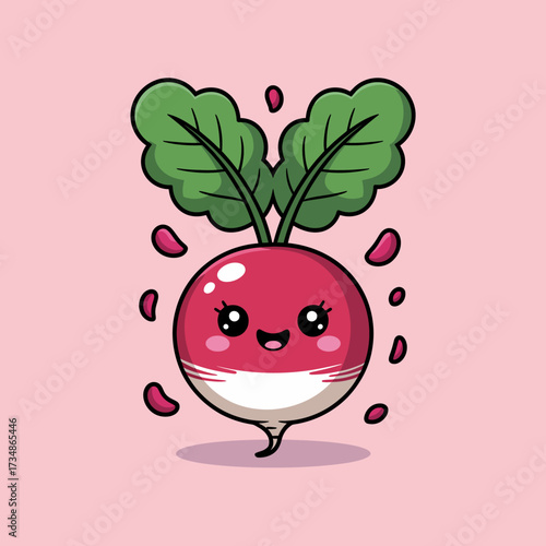 This adorable radish character, with big eyes and a cheerful smile, embodies joy and playfulness, enhanced by cute green leaves and vibrant pink background for a fun appeal.