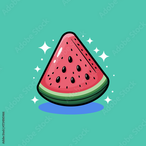 A vibrant slice of watermelon gleaming with freshness, showcasing its juicy pink interior and green rind, perfect for summer and refreshing snacks.