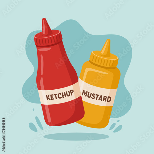 This vibrant illustration features playful ketchup and mustard bottles, perfect for adding a fun touch to culinary or condiment-themed projects and designs.