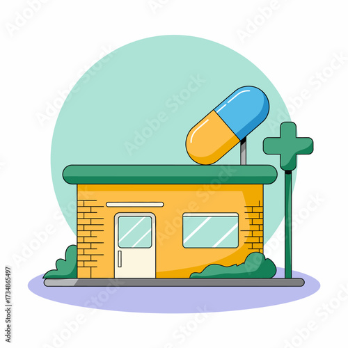 An illustration of a playful pharmacy building topped with a large blue and yellow capsule, indicating healthcare and medical services, standing out clearly.