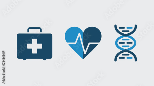 Medical icon set featuring a first aid kit heart rhythm and DNA strand simple vector glyphs for healthcare and science applications isolated on white background