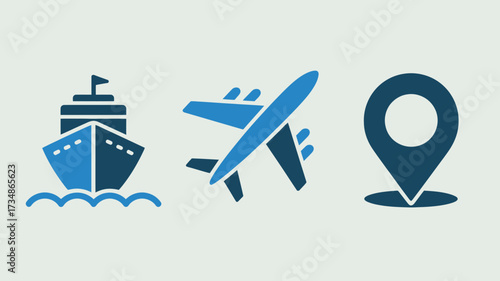 Set of transportation icons featuring a ship airplane and map pin simple flat vector design element isolated on a white background