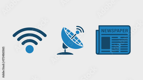 Set of communication icons simple flat vector glyphs for news wifi and satellite isolated on white background