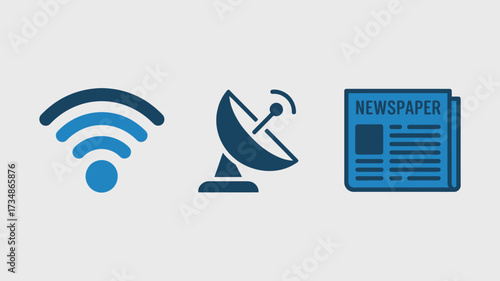 Set of communication icons including wifi satellite dish and newspaper simple flat vector design element for web and mobile apps isolated on white background